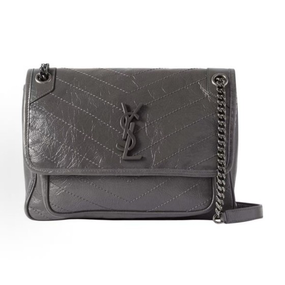 SAINT LAURENT YSL Niki Logo chain retro pleated wandering bag crossbody single-shoulder bag medium-sized women\'s grey